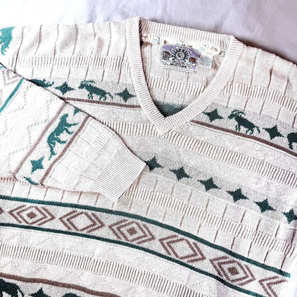 Vintage 80s Mighty Mac "Save the Wildlife" Sweater  Ivory Men's Size Large